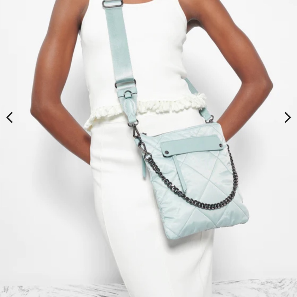 MZ Wallace quilted flat Madison crossbody bag. New Silver Blue color.